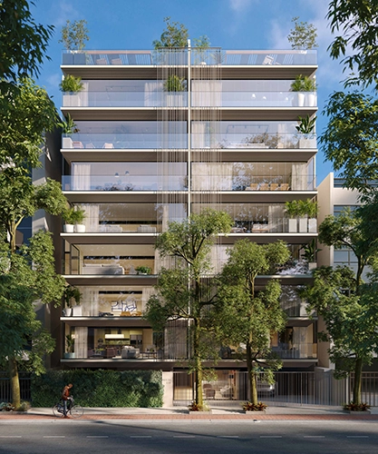 visão externa da fachada, com varandas envidraçadas e decoradas com plantas, com rua arborizada à frente