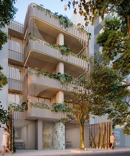 fachada com quatro andares, com varandas com plantas e formas modernas