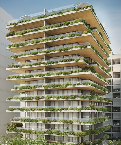 vista do prédio, com varandas verdes, repletas de plantas