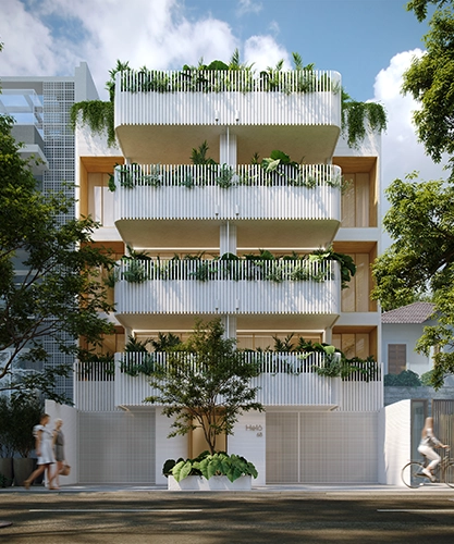 visão frontal do prédio, com quatro andares, varandas com plantas, e uma planta em frente à entrada